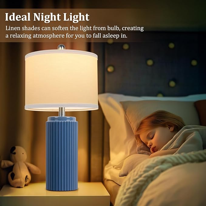 TOBUSA 23.5’’ Blue Table Lamps for Bedroom Set of 2, Modern Farmhouse Ceramic Bedside Nightstand Lamps for Living Room, Decorative Boho Ceramic Lamps Set for Home Office End Table Console, White Shade