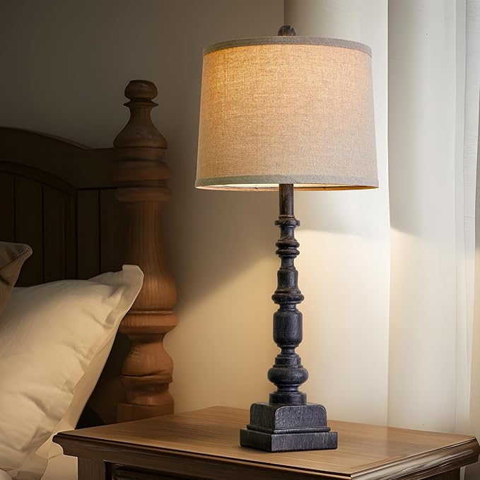 Oneach 27.75” Vintage Farmhouse USB A+C Table Lamps Set of 2 for Living Room Bedroom Traditional Bedside Nightstand Lamp Retro Resin Lamps Linen Shade Nightstand Home Office Antique Black Accent