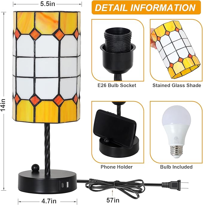 Tiffany Touch Table Lamps, 3 Way Dimmable Tiffany Lamp Set of 2 with Bulbs & USB Charging Port, Stained Glass Lamp for Nightstand, Vintage Desk Lamp for Bedroom, Small Bedside Lamp