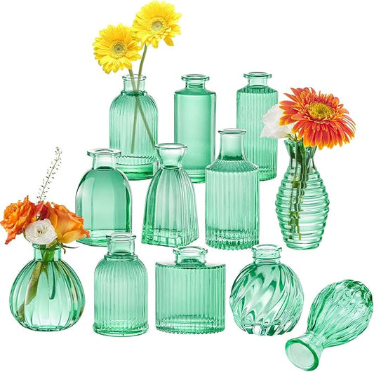 Green Vase, Bud Vases Set of 12, Small Green Glass Vases for Flowers Modern Ribbed Glass Bud Vase for Decor Wedding Flower Vase in Bulk Vintage Decor Bridal Shower Centerpieces Home Table Decoration