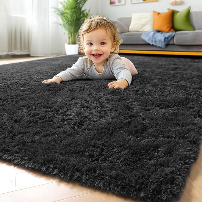 ONASAR Black Rugs for Bedroom, 3x5 Fluffy Bedside Small Area Rug, Washable Soft Plush Fuzzy Shaggy Indoor Floor Carpet for Living Room Nursery College Dorm Teen Kids Girls Boys Home Decor Aesthetic