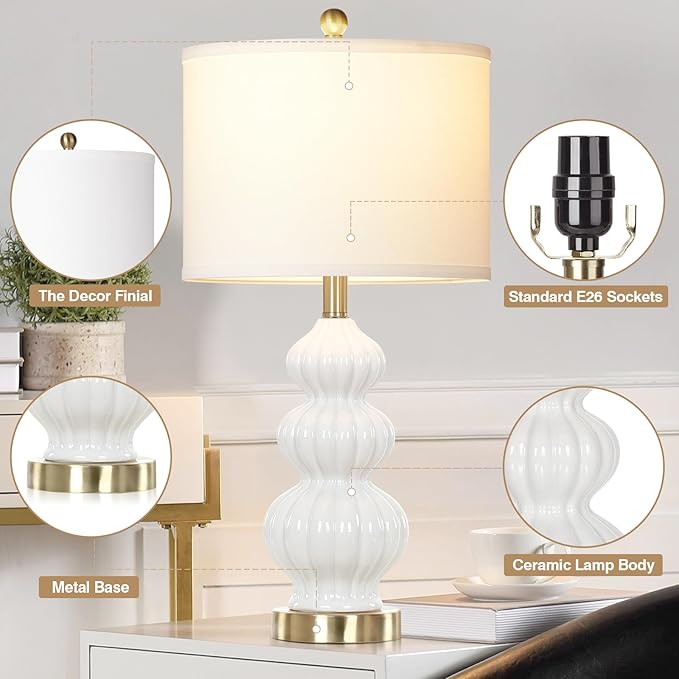 Modern White Table Lamps Set of 2 - Bedside Lamps for Night Stands, 26" Triple Gourd Ceramic Lamps for Living Room with USB A+C Ports & AC Outlet,3 Way Touch Lamps for Bedroom (LED Bulbs Included)