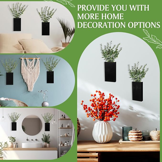 2 Pack Modern Farmhouse Wall Decor Wood Planter Vase with Artificial Eucalyptus Farmhouse Bohemian Hanging Wall Decor for Bathroom Dinning Room Living Room Hallway Bedroom(Black)
