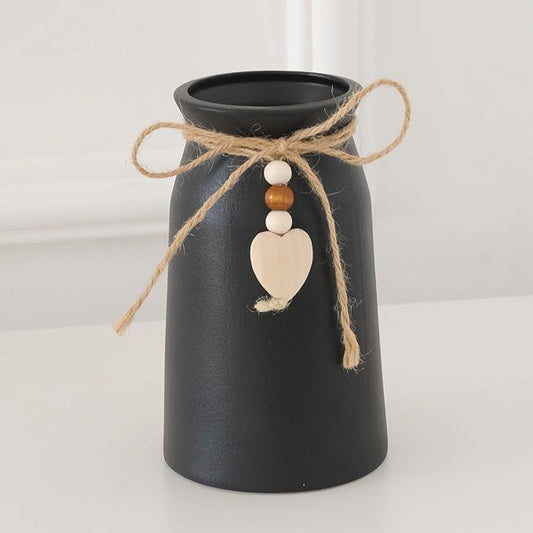 Premium Ceramic Vase with Jute Rope & Heart Charm | 6-Inch Decorative Flower Vase for Modern & Farmhouse Décor, Black Color