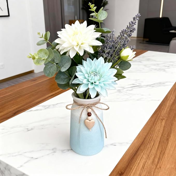Elegant Ceramic Vase | 6-Inch Flower Vase with Jute Rope & Heart Charm | Modern, Farmhouse, & Boho Home Décor, Blue Color