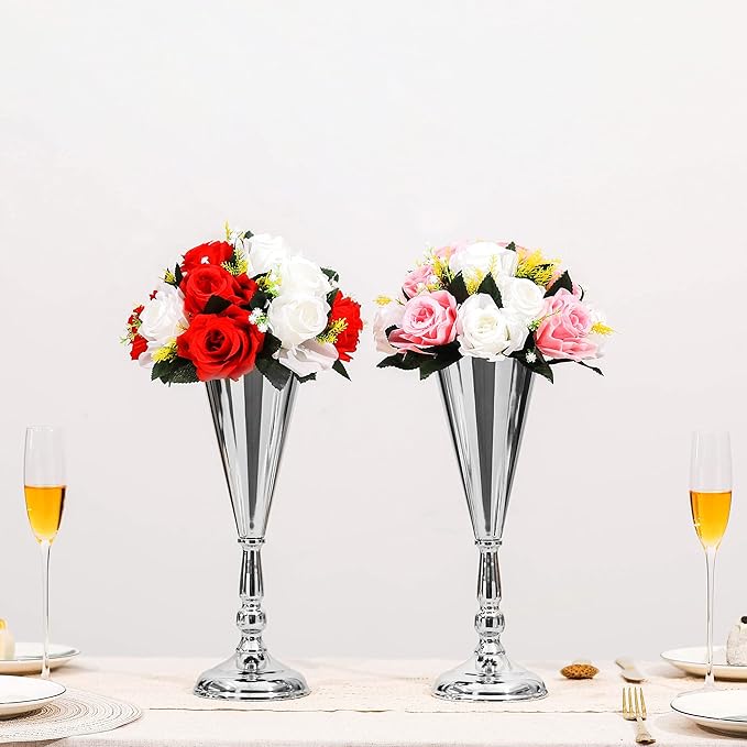 2 Pcs Metal Wedding Flower Trumpet Vase Table Decorative, Wedding Decorations for Reception, Home Decor, Large Party Event Decoration Silver