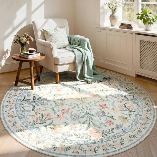 Lahome Circle Rug 6ft Beige Floral, Gentle Blossom Print Nursery Round Rug, Machine Washable Kids Carpet for Bedroom, Non-Slip Circular Mat for a Cozy Retreat Nook Decor