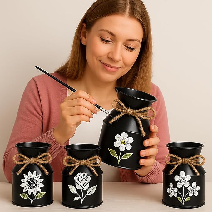 Domensi 5.12 Inch Farmhouse Metal Flower Vase Decor Rustic Galvanized Milk Can Jug Vase with Bow Flower Buckets for Table Centerpiece Fall Halloween Wedding Home Dinging Room Decor(Black,12 Pcs)