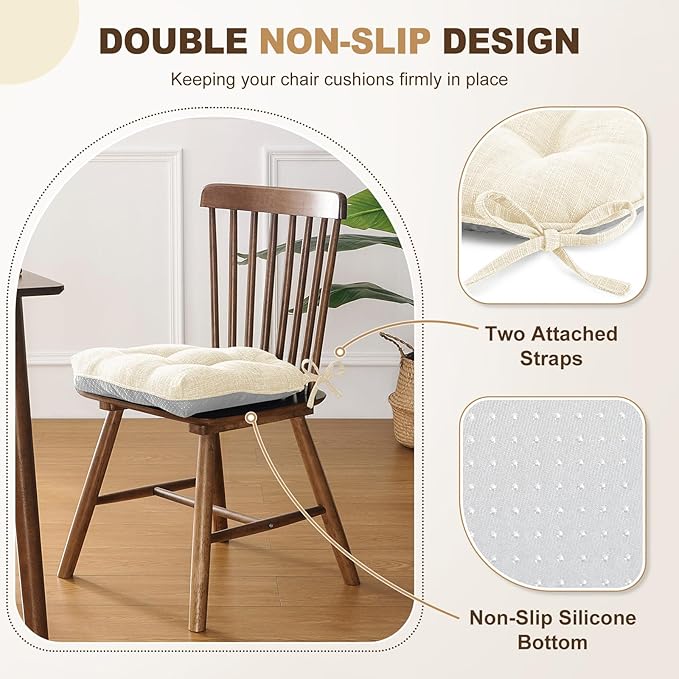 downluxe Indoor Chair Cushions for Dining Chairs, Tufted Overstuffed Textured Foam Kitchen Chair Pads with Ties and Non-Slip Backing, 15.5" x 15.5" x 4", Beige, 4 Pack