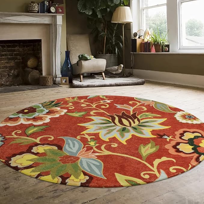 Lahome Red Floral Round Rug - 4 ft Christmas Washable Round Area Rugs Small Non Slip Entryway Mat, Throw Circle Vintage Distressed Door Mat Soft Floor Carpet for Bedroom Living Room Bathroom Kitchen