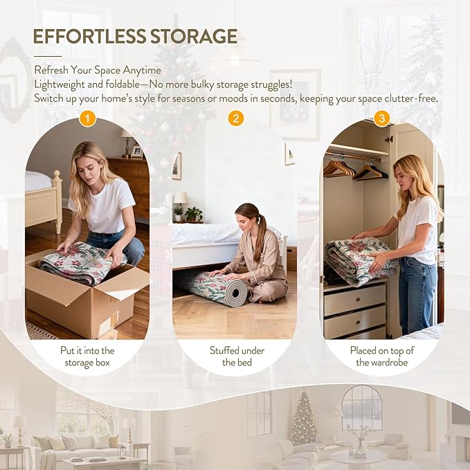 Lahome Christmas Round Rug 5ft, Washable Botanical Christmas Dining Room Decor for Under Table, Whimsical Holly Berries Circle Mats for End of Bed Coffee Table