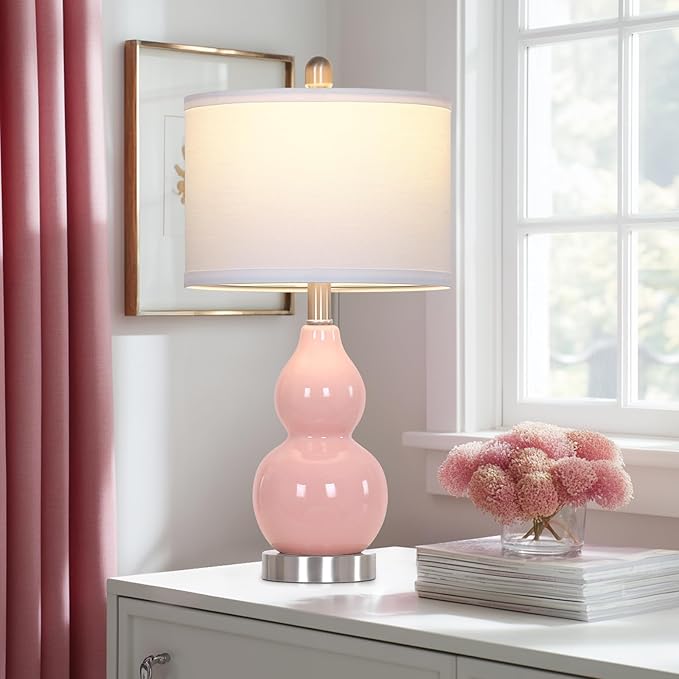 22" Double Gourd Ceramic Table Lamps Set of 2, Pink Modern Bedside Lamps for Living Room, Contemporary Nightstand Desk Lamps for Bedroom End Table Home Office Decor(2 LED Bulbs Included)