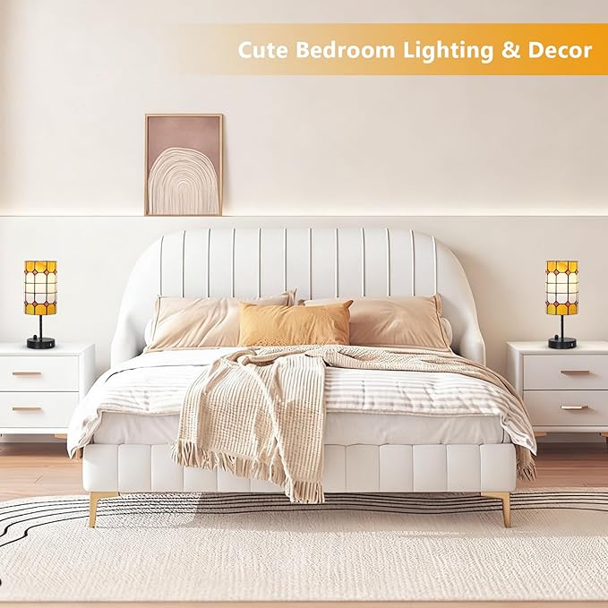 Tiffany Touch Table Lamps, 3 Way Dimmable Tiffany Lamp Set of 2 with Bulbs & USB Charging Port, Stained Glass Lamp for Nightstand, Vintage Desk Lamp for Bedroom, Small Bedside Lamp