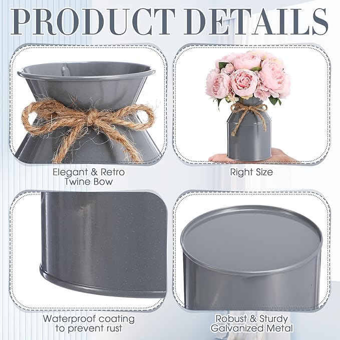 Domensi 5.12 Inch Farmhouse Metal Flower Vase Decor Rustic Galvanized Milk Can Jug Vase with Bow Flower Buckets for Table Centerpiece Fall Halloween Wedding Home Dinging Room Decor(Gray,6 Pcs)