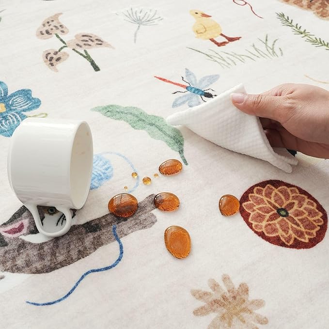 Rugcomf Round Rug 6ft Washable Circle Rug Non Slip Low Pile Boho Floral Animal Cat Small Circular Rug for Bedroom Bathroom Entryway Kids Room Office College Dorm, Beige