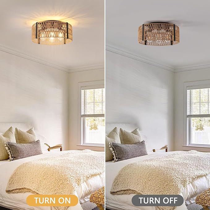 Rattan Ceiling Light Fixture 4-Light Farmhouse Ceiling Light 17.7" Boho Flush Mount Ceiling Lights for Dining Room Kitchen Bedroom Living Room, E26 Base (Not Included Blub)