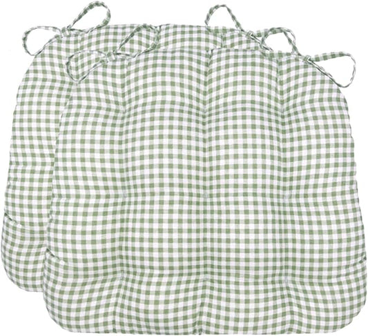 Barnett Home Decor Dining Chair Cushions with Ties, 16.5 x 18 Inches, Pack of 2 – Machine Washable, Made with 100% Cotton and Plush Latex Foam Fill, Made in USA – Madrid Sage Green Gingham Check