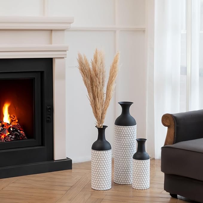 Sziqiqi Floor Vases Decorative Tall: 27in Black and White Large Metal Floor Vase Set of 3 Modern Honeycomb Texture Big Standing Vase for Living Room Dining Bedroom Home Corner Hallway Indoor Office