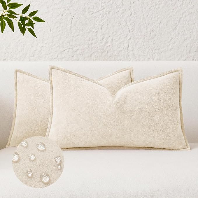 Kevin Textile Waterproof Decorative Pillow Covers Cream White 12x20 Inch Pack of 2 Soft Boucle Textured Lumbars Cushions Elegant Accent Pillows for Couch Sofa Chair Bed Home Decor Indoor Outdoor