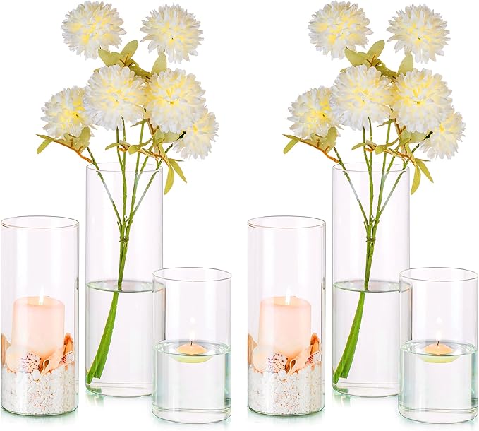 Glass Cylinder Vases Set of 6, Hewory Tall Clear Vase for Centerpieces, Glass Hurricane Candle Holders for Pillar or Floating Candles, Round Vases for Wedding Anniversary Events Table Decor, 3.3in