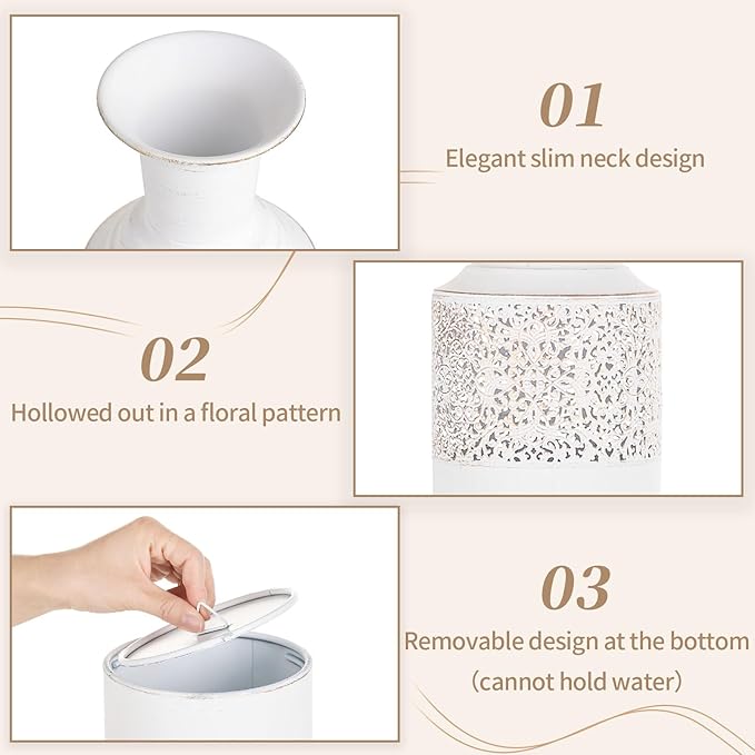 Sziqiqi Floor Vase Tall White Vases - Extra Large Metal Flower Vase Set of 3 Big Vases for Home Decor Living Room Decorative Vintage for Pampas Grass Feathers Twigs Branches Dried Flowers