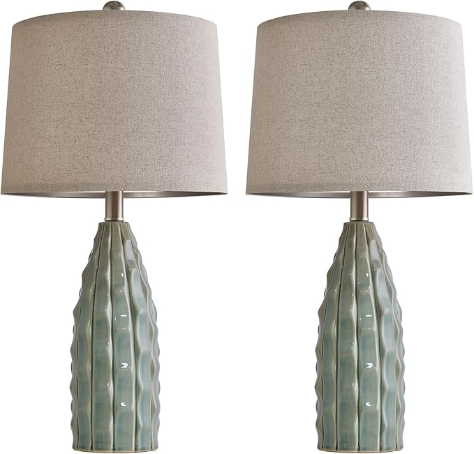 Ceramic Table Lamps Set of 2, 23.75" Modern Farmhouse Bedside Lamp - Green Nightstand Lamps for Bedroom, Boho Living Room End Tables, Small Office Desk Lamp Decor