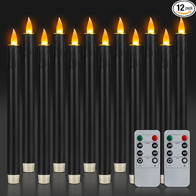 10" Flameless Taper Candles with Remote, 12 Pcs Black Electric Led candlesticks, Plastic Tall Taper Candles Battery Operated with Flickering Flame for Halloween Christmas Wedding Home Décor