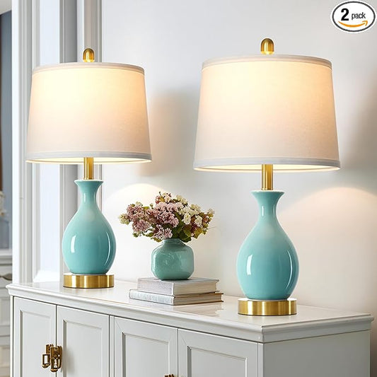 24" Bedroom Table Lamps Set of 2, Modern Classic Ceramic Lamps for Living Room, Small Bedside Table Lamp for Nightstand or End Table, Aqua Blue (2 LED Bulbs Included)