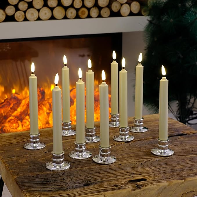 10 Pack Window Candles + 20 AA Batteries(Include, Run More Than 400 Hours) + Silver Candleholders + Suction Cups, 8'' Tall. IVORY LED Battery Powered Candle. 3D Flickering Wick, Timer Function