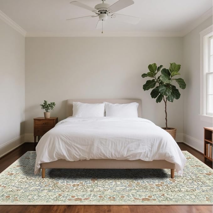 Vintage Beige Blue Living Room Rug, 6x9 Washable Area Rugs for Dining Room Under Table, Soft Low Pile Large Carpet Bedroom, Non-Slip Boho Floral (6 x 9 Beige Blue)