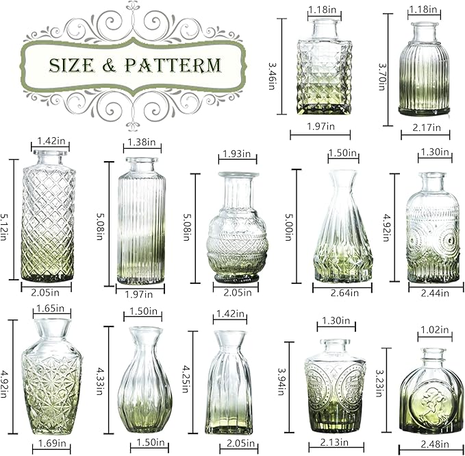 Green Bud Vases Set of 40, Mini Flower Vase for Centerpieces, Small Glass Bud Vases in Bulk for Wedding Decorations, Vintage Vase for Table, Recepetion, Home Décor