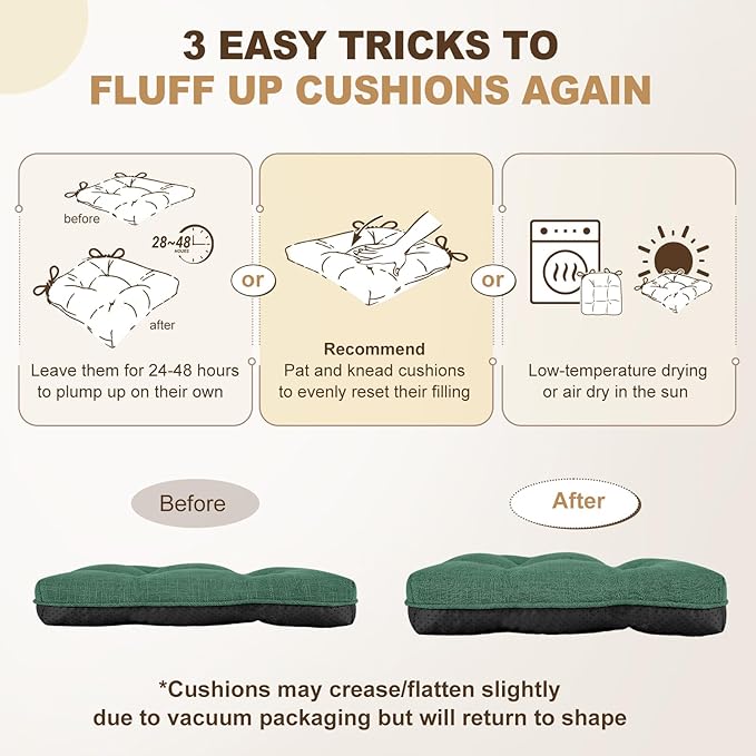 downluxe Indoor Chair Cushions for Dining Chairs, Tufted Overstuffed Textured Foam Kitchen Chair Pads with Ties and Non-Slip Backing, 15.5" x 15.5" x 4", Dark Green, 6 Pack