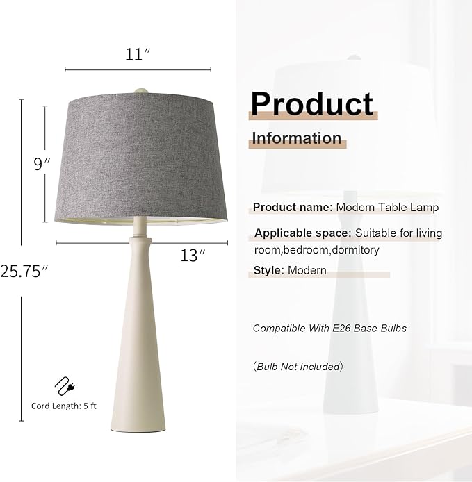 Oneach 25.75" White Table Lamp Set of 2, Modern Vintage Bedside Table Lamps with USB Ports, Traditional Nightstand Desk Lamps Set for Living Room Bedroom