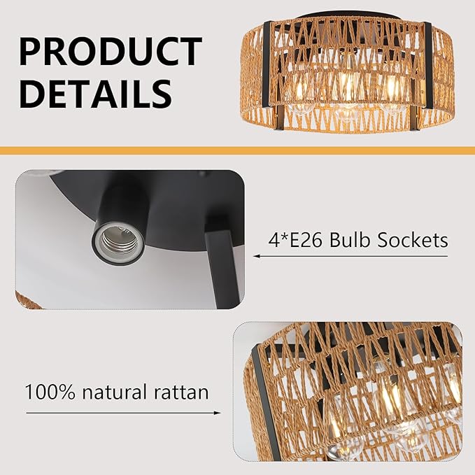 Rattan Ceiling Light Fixture 4-Light Farmhouse Ceiling Light 17.7" Boho Flush Mount Ceiling Lights for Dining Room Kitchen Bedroom Living Room, E26 Base (Not Included Blub)