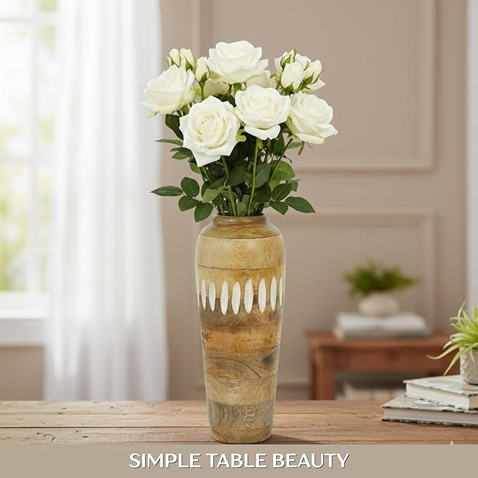 Mela Artisans 12” Mango Wood Vase | Wooden Decorative Flower Vase | Rustic Farmhouse | Natural White Wash | Centerpiece for Living Room | Dining Table | Home Decor