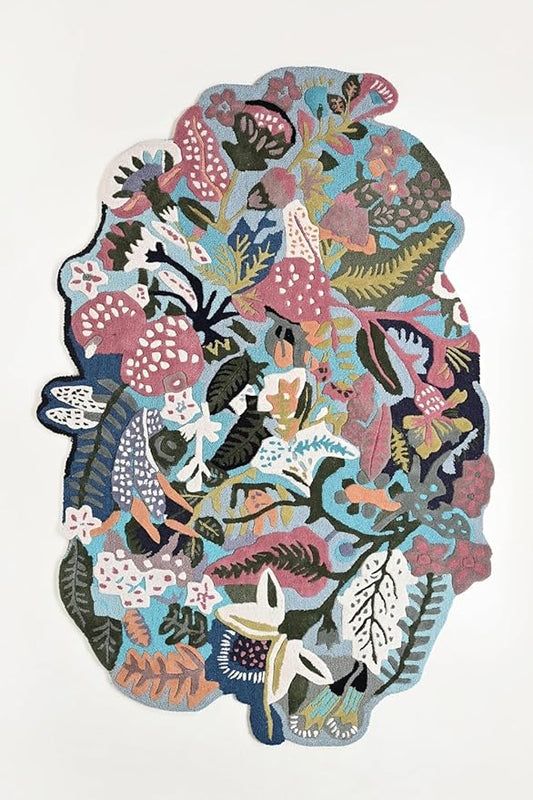 Handmade Irregular Floral Wool Area Rug Vibrant Multicoloured Garden Flower Design Soft Plush Durable Thick Carpet for Living Room Bedroom (Light Blue, 5 x 8 feet, Feet)