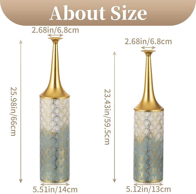 Sziqiqi Large Floor Vases Decorative Tall- 23.4/26in Set of 2 Coastal Big Vase for Home Decor Living Room Rustic Flowers Vases Metal Plant Farmhouse Vases for Pampas Grass Feathers Twigs Branches