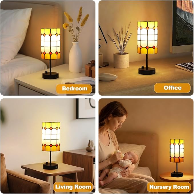 Tiffany Touch Table Lamps, 3 Way Dimmable Tiffany Lamp Set of 2 with Bulbs & USB Charging Port, Stained Glass Lamp for Nightstand, Vintage Desk Lamp for Bedroom, Small Bedside Lamp