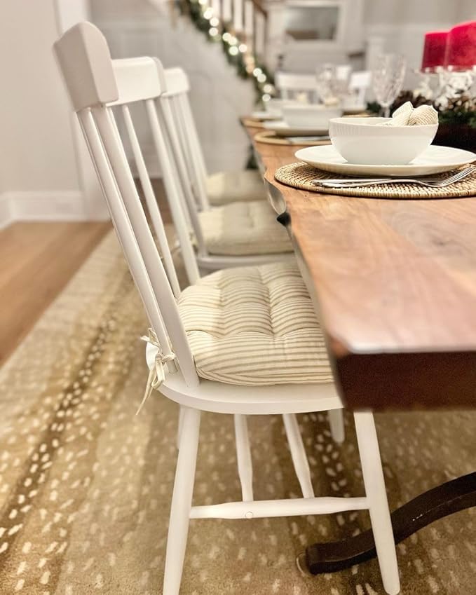 Barnett Home Decor Chair Cushions for Dining Chairs - 15x17 Kitchen Chair Cushions - Machine Washable, 100% Cotton, Made in USA - Latex Foam Comfort Chair Pads - Ticking Stripe Natural Small Pack of 4