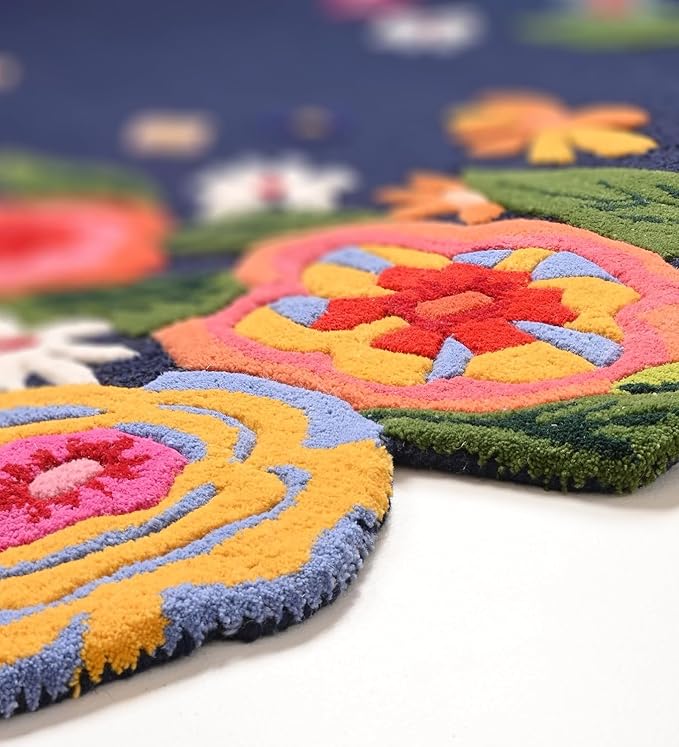 Handmade Irregular Floral Wool Area Rug Vibrant Multicoloured Garden Flower Design Soft Plush Durable Thick Carpet for Living Room Bedroom (Navy Blue, 8 x 11 feet, Feet)