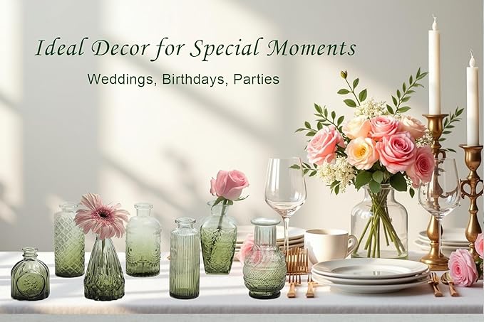 Green Bud Vases Set of 40, Mini Flower Vase for Centerpieces, Small Glass Bud Vases in Bulk for Wedding Decorations, Vintage Vase for Table, Recepetion, Home Décor