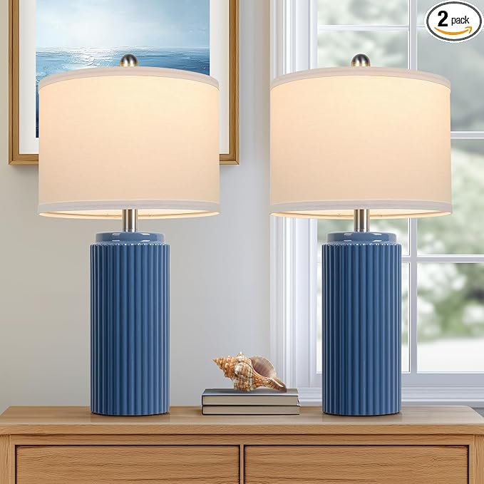 TOBUSA 23.5’’ Blue Table Lamps for Bedroom Set of 2, Modern Farmhouse Ceramic Bedside Nightstand Lamps for Living Room, Decorative Boho Ceramic Lamps Set for Home Office End Table Console, White Shade