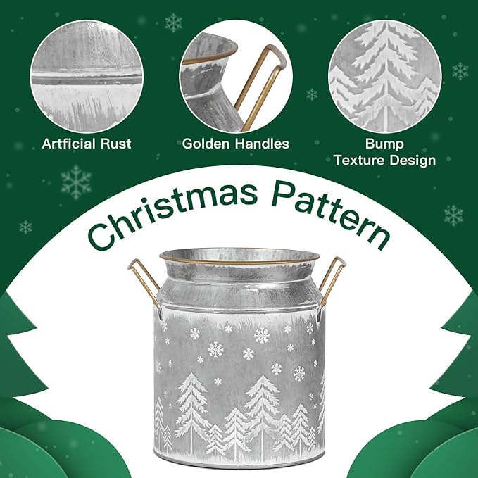 Putuo Decor Large Metal Milk Can with White Winter Forest Snowflake Design Rustic Farmhouse Holiday Vase with Gold Handles Vintage Christmas Décor for Festive Centerpieces Home Accents (Silver Grey)