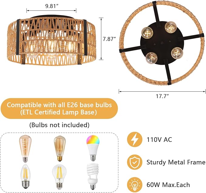 Rattan Ceiling Light Fixture 4-Light Farmhouse Ceiling Light 17.7" Boho Flush Mount Ceiling Lights for Dining Room Kitchen Bedroom Living Room, E26 Base (Not Included Blub)
