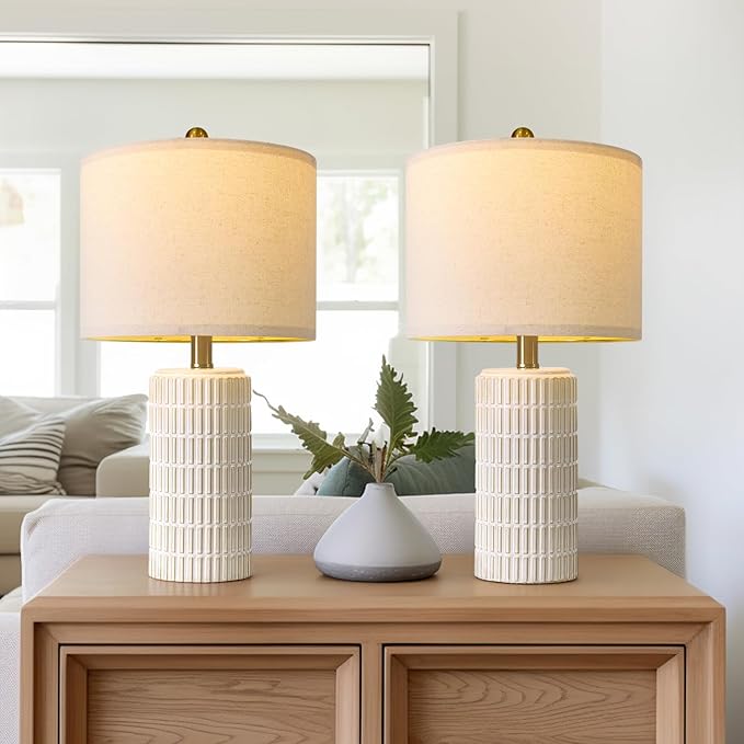 PoKat 20.75" Small Modern Ceramic Table Lamps Set of 2 for Bedroom, White Bedside Lamps for Night Stands, Farmhouse Desk Decor Nightstand Table Lamps for Living Room End Table Beige