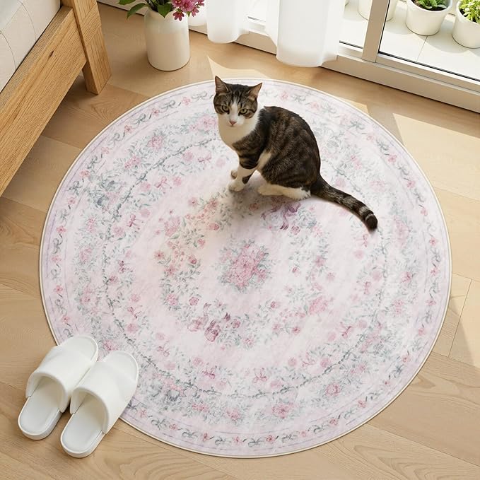 Wonnitar Bow Print Washable 4ft Round Rug, Pink Circle Rug for Girl Nursery Decor, Non Slip Ultra-Thin Soft Boho Floral Small Cute Circular Carpet for Kids Bedroom Baby Room, Light Pink