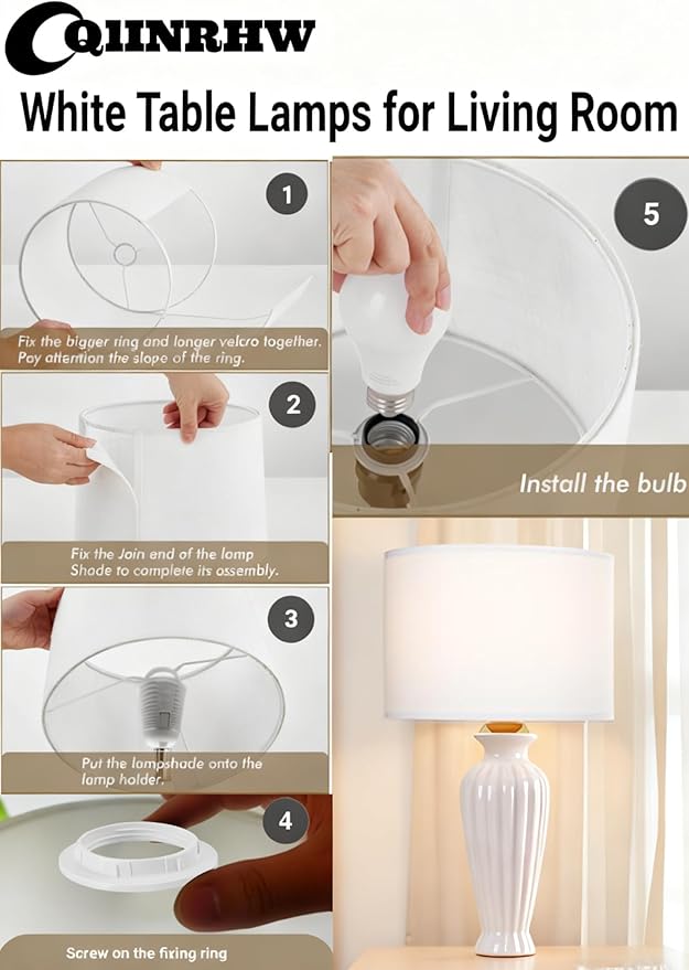Modern Ceramic Table Lamp Set of 2, White Table Lamps for Living Room Office Dorm, Vintage Bedside Lamps for Bedroom Decor Farmhouse