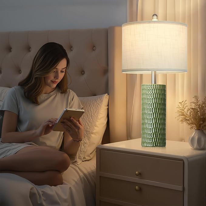 Modern Ceramic Table Lamps for Night Stands - Bedside Lamps Set of 2 for Nightstand, 27" Green Elegant Bedroom Lamp for Night Stand Desk Side End Table Home Decor(2 Bulbs Included)