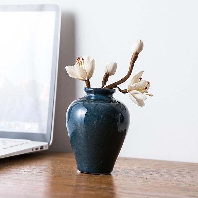 Blue Bud Vase Set of 5 – Small Ceramic Vases for Modern Boho Decor, Mini Pottery Vases for Living Room Fireplace, Centerpiece Table Decorations