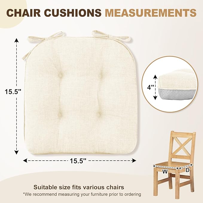 downluxe Indoor Chair Cushions for Dining Chairs, Tufted Overstuffed Textured Foam Kitchen Chair Pads with Ties and Non-Slip Backing, 15.5" x 15.5" x 4", Beige, 4 Pack
